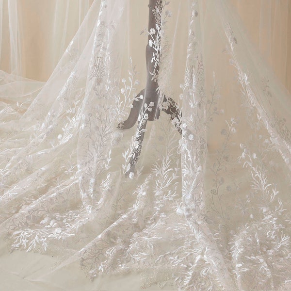 Robe de mariée scintillante en dentelle tulle, superposition de dentelle florale, broderie de sequins, tissu en dentelle ivoire