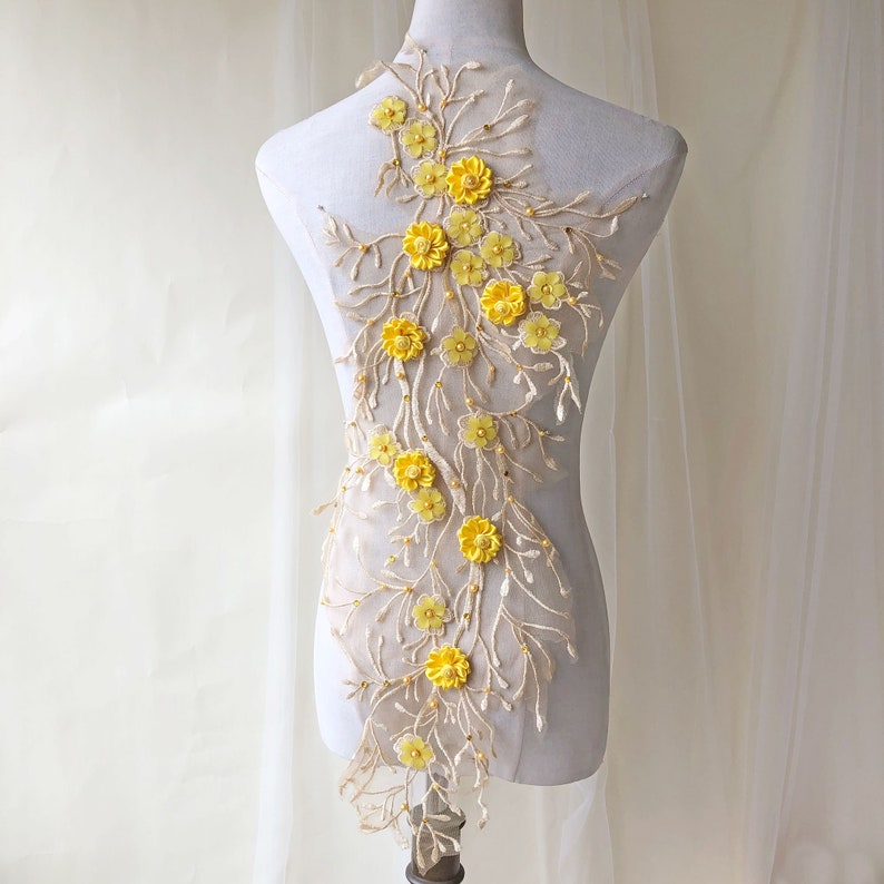Yellow Lace Flower Beaded Embroidery Vines Lace Applique 3d Etsy