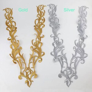 Gold Lace Applique Embroidery Leaf Vine Patch Deep V Golden Motif for Party Costumes Silver