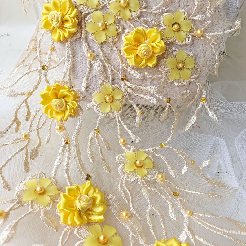 Yellow Lace Flower Beaded Embroidery Vines Lace Applique 3d Etsy