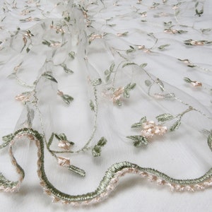 Small Green Floral Lace By the Yard Embroidery   Flower Vines Lace Tulle Bridal Wedding Lace Fabric  49 inches Width