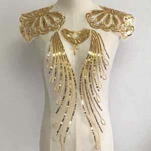 Metallic Gold Spitze Applikation Glanz Pailletten Stickerei Patch Golden Motiv für Party Kostüme Bolero Kleid