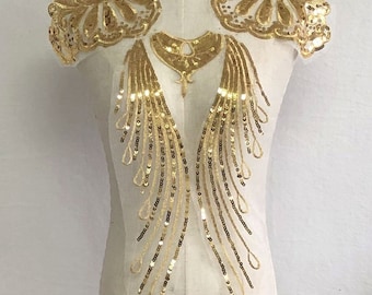 Metallic Gold Lace Applique Shine Sequined Embroidery Patch Golden Motif  for Party Costumes Bolero Dress