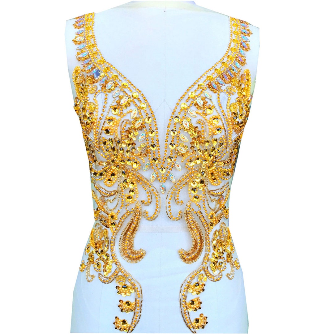 Royal Beaded Bodice Applique Front Back Rhinestone Bodice Vintage Patch