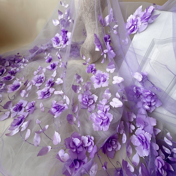 Grande robe de soirée à fleurs en dentelle, tissu fleuri 3D exquis, tulle pour robe de mariée, robe de bal, 51 pouces de largeur