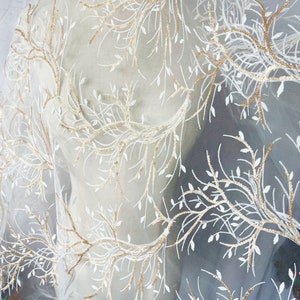 Leaf  Lace Fabric  Golden Sequined White Embroidery  Lace Wood Wedding Costumes Lace Overlay  51 inches Width