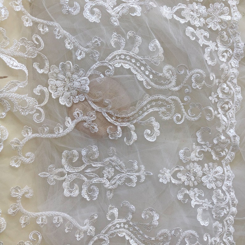 Off-White Sequined Beaded Lace Fabric By the yard Shimmery Embroidery Floral Lace Overlay for Bridal Gown