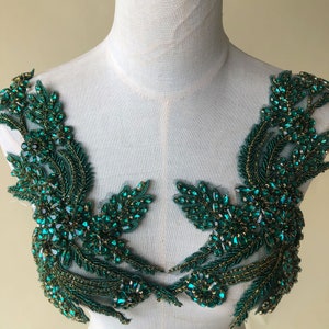 Bling Emerald Rhinestone Applique  Heavily Crystal Rhinestone Beaded Flower Patch  for Carnival Costumes