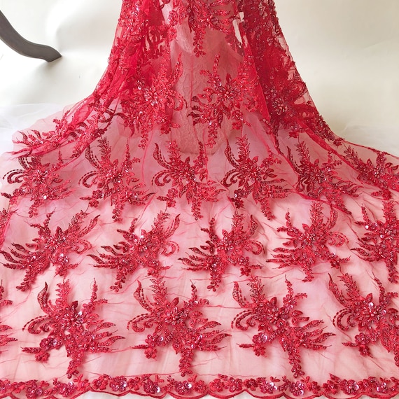 Heavily Drape Red Lace Tulle Beaded Embroidery Flower Lace Fabric by Yard for Red Evening Dress 51 Inches Width Etsy Canada