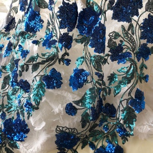 Shining Sequined Lace Fabric by The Yard Blue Flower Lace  Fish Scale Fabric for Party Costumes Dress 55 inches Width