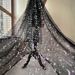 Colorful Star Moon Lace Fabric Black Lace Tulle Fabric Sparkle  for Party Dress Costumes 63 inches Width