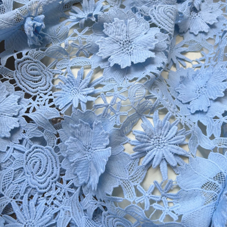 Pu&ograve; includere: Tessuto di pizzo blu chiaro con un motivo floreale. Il tessuto ha un effetto 3D, con i fiori che sembrano essere rialzati dalla superficie.