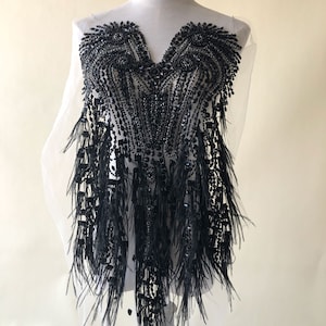 Black Rhinestone Bodice Deluxe Feather Tassel Applique Trim  Off-shoulder Beaded Applique Patch for Party Dress