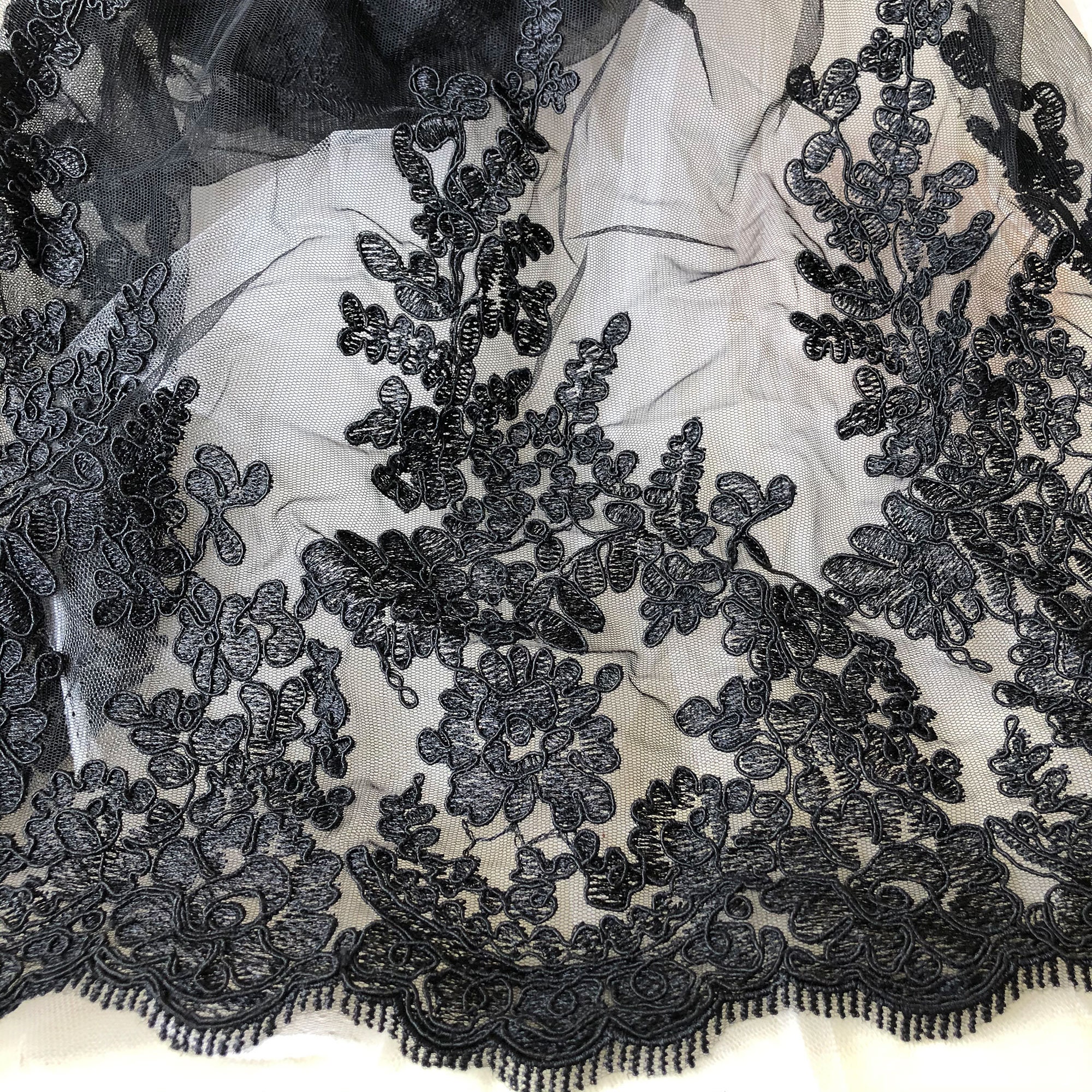 Black Lace Fabric by the Yard Corded Embroidery Floral Lace | Etsy