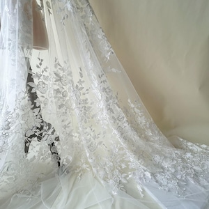 Tissu en dentelle de fleurs en tulle par mètre, broderie à paillettes, superposition de dentelle de mariage pour robe de mariée, 51 pouces de largeur