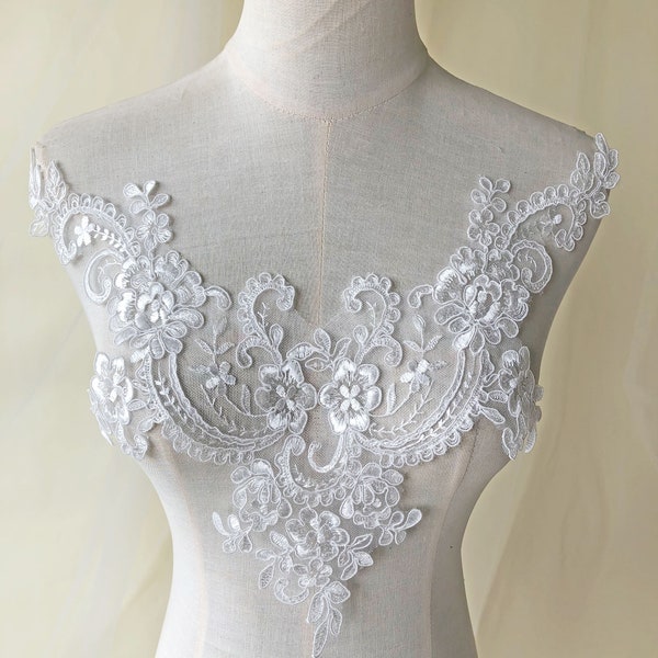 Corded Embroidery Floral V Neck Neckline Trim Applique Ivory Sewing Lace Patch for Dress Costumes