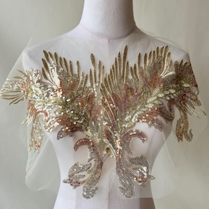 Gold  Wings Pair Appliques Sparkling Sequined Feathers Patch for Party Dress Costumes