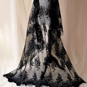 Black Lace Fabric by the Yard Shimmering  Floral Lace Tulle Sequined Corded Embroidery Black Lace for Prom Dress Costumes