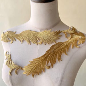 Par de espejos con hojas doradas, apliques de encaje, parches bordados para planchar para prendas, vestidos y disfraces.