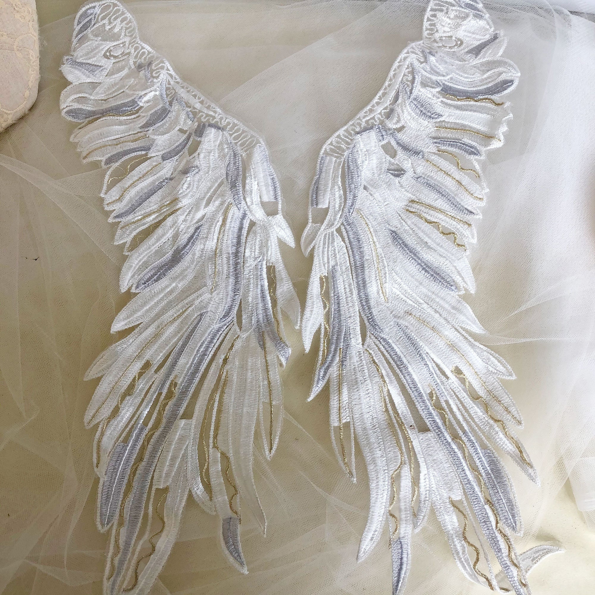 Silver White Angel Wings Lace Applique Mirror Pair Embroidery Etsy