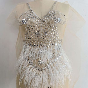 Beaded Feather Fringe Applique Deep V Light Weight Rhinestone Bling Gala  Ballgown Bling  Embellished