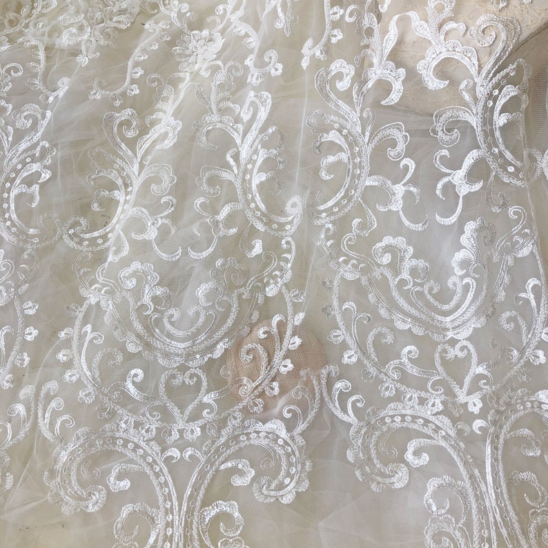Off-White Sequined Beaded Lace Fabric By the yard Shimmery Embroidery Floral Lace Overlay for Bridal Gown