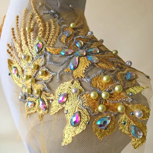 Beaded Embroidery Lace Applique  Mirror Pair Shoulder Patch Colorful Beads Shine Party Costumes Jacket Accessories