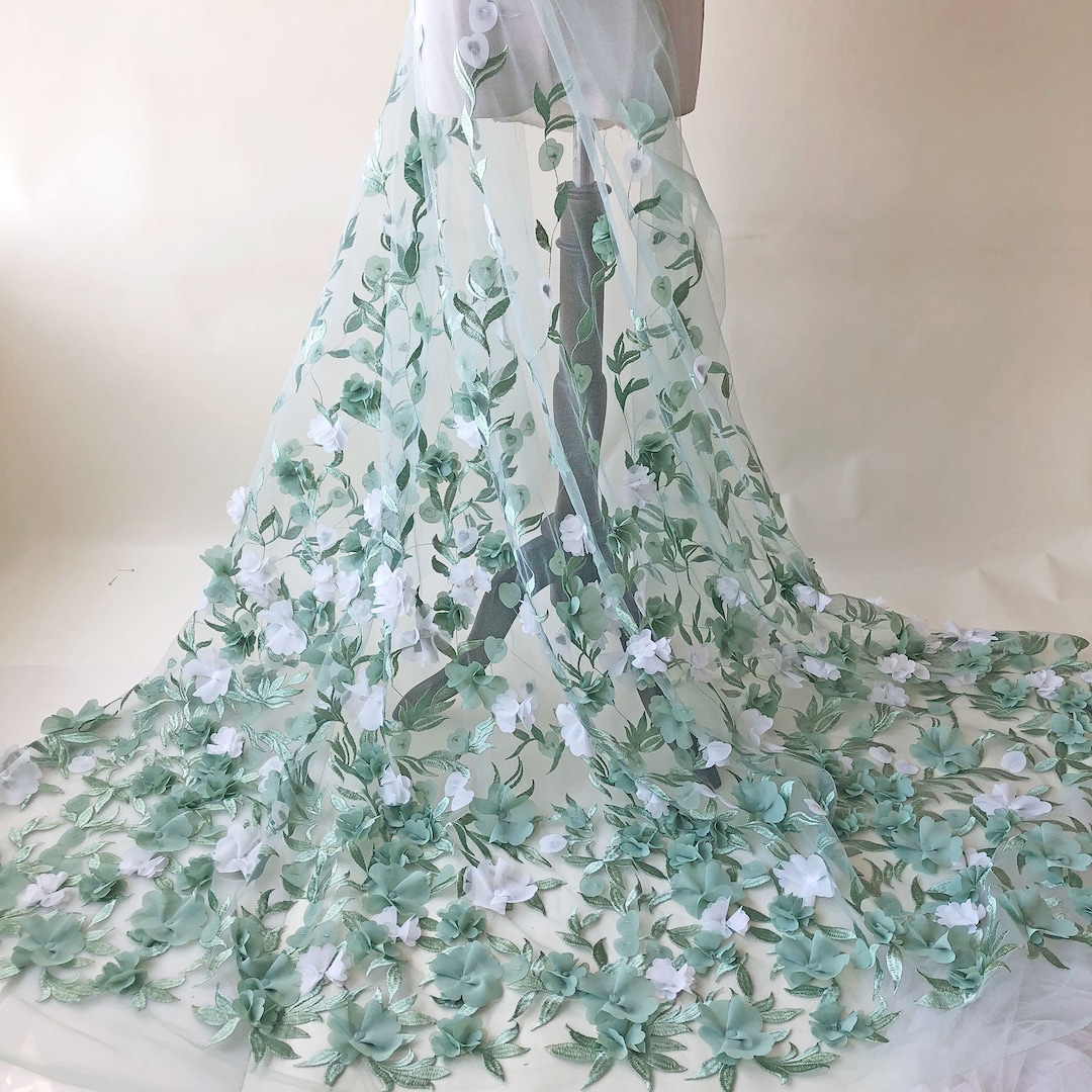 Green and White Blossom Lace Fabric by Yard Delicate Embroidery 3D ...