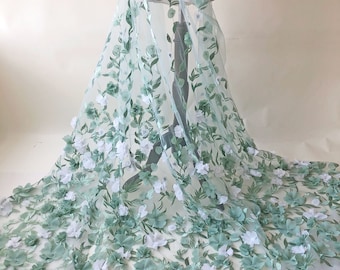 Green and White Blossom Lace Fabric by Yard Delicate Embroidery 3D Floral Vines Lace Tulle for Party Costumes 51 inches Width