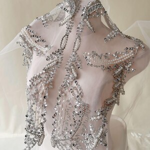 Silver Rhinestone Applique Beaded Pearl  Bodice Applique Bling Front Accessories for Wedding Dress Party Costumes