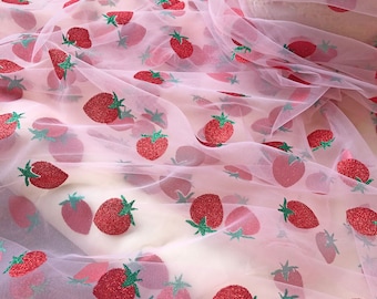Strawberry  Lace  Fabric Glittering Strawberry  Lace Tulle  for Strawberry Maxi dress, Birthday  Dress 63 inches Width