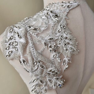 Silver Leaves Applique Mirror Pair Sparkling Rhinestone  Leaves Patch for Costumes Dress