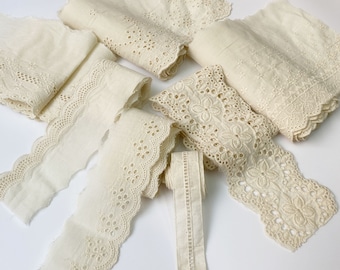 Beige Cotton Fabric Trim by yard Cotton Lace Edge Floral Ribbon Trim Vintage Accessories for Hat,Crafts