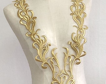 Applique en dentelle dorée métallisée Broderie Feuille Vigne Patch V Profond Motif Doré pour Costumes de Fête Robe Boléro