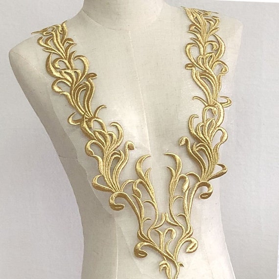 Gold Lace Applique Embroidery Leaf Vine Patch Deep V Golden Motif  for Party Costumes