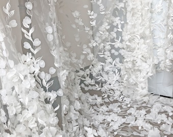 3D Flower Lace Fabric by the Yard Off-White Embroidery Floral Vines Lace Tulle Fabric for Wedding Dress Gown
