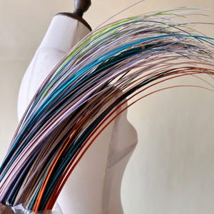 Peut inclure: Un bouquet de fils fins et colorés, aux teintes de vert, bleu, violet, marron et orange. Les fils sont légèrement courbés et maintenus ensemble, créant un affichage texturé et artistique. Le fond est beige neutre.