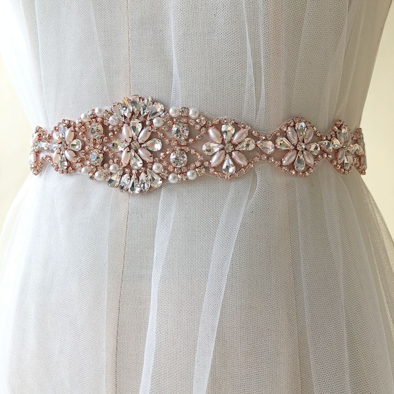 Rhinestone and Pearl applique on Rose pink sash belt Beaded Rhinestone Bridal Sash Applique for Wedding Belt  main image 3