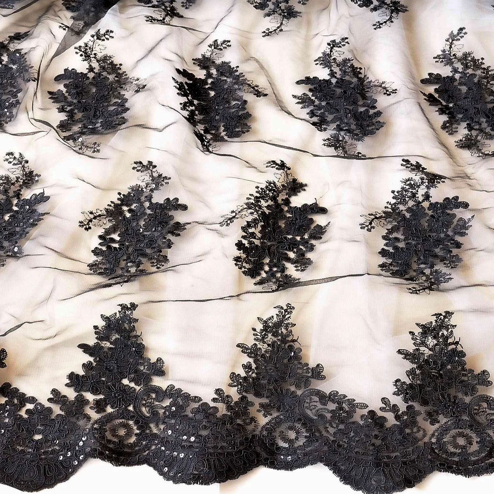 Black Lace Fabric by the Yard Shimmering Floral Lace Tulle Etsy
