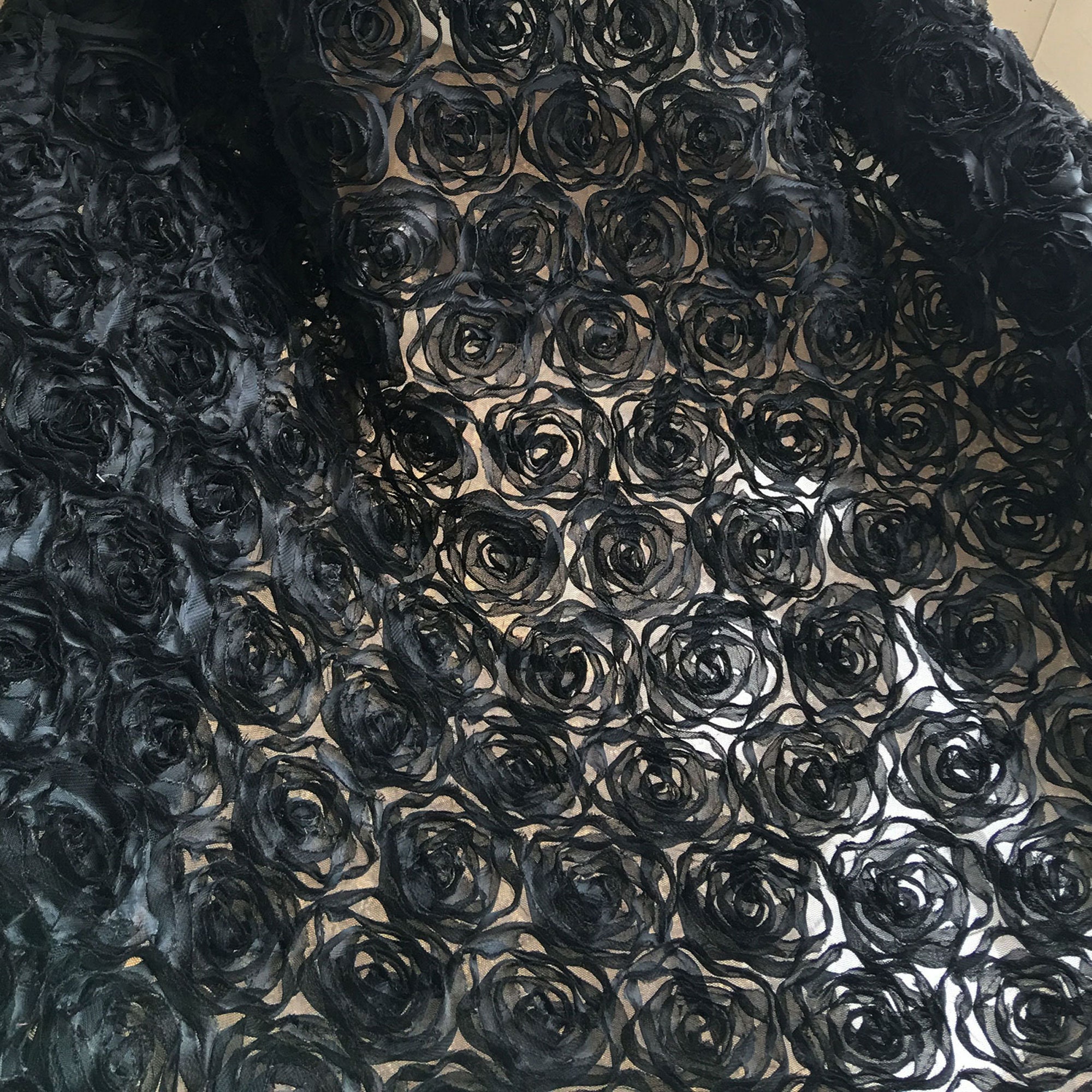 Unique Black Velvet Rose Flower Lace Fabric by the Yard - OneYard
