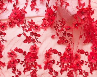 3D Flower Lace Tulle Red Blossom Lace Fabric Embroidery Crystal Lace  for Red Party Dress 51 inches Width