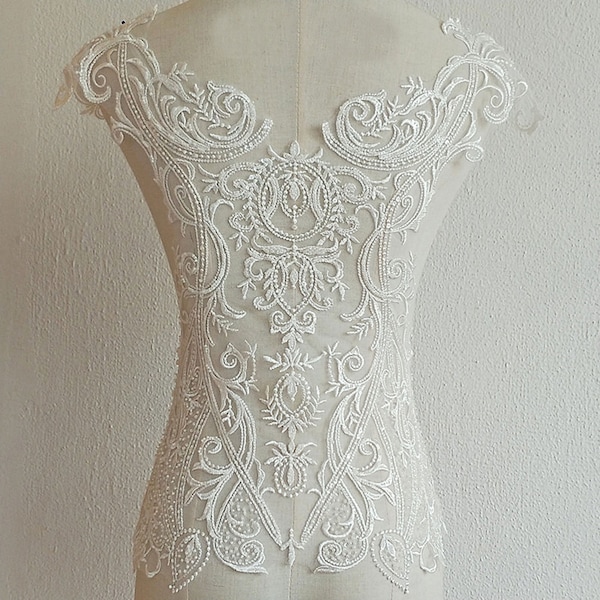 Luxury Beaded  Flower Lace Patch Off-White Embroidery Beads Bodice Motif Wedding Dress Accessories