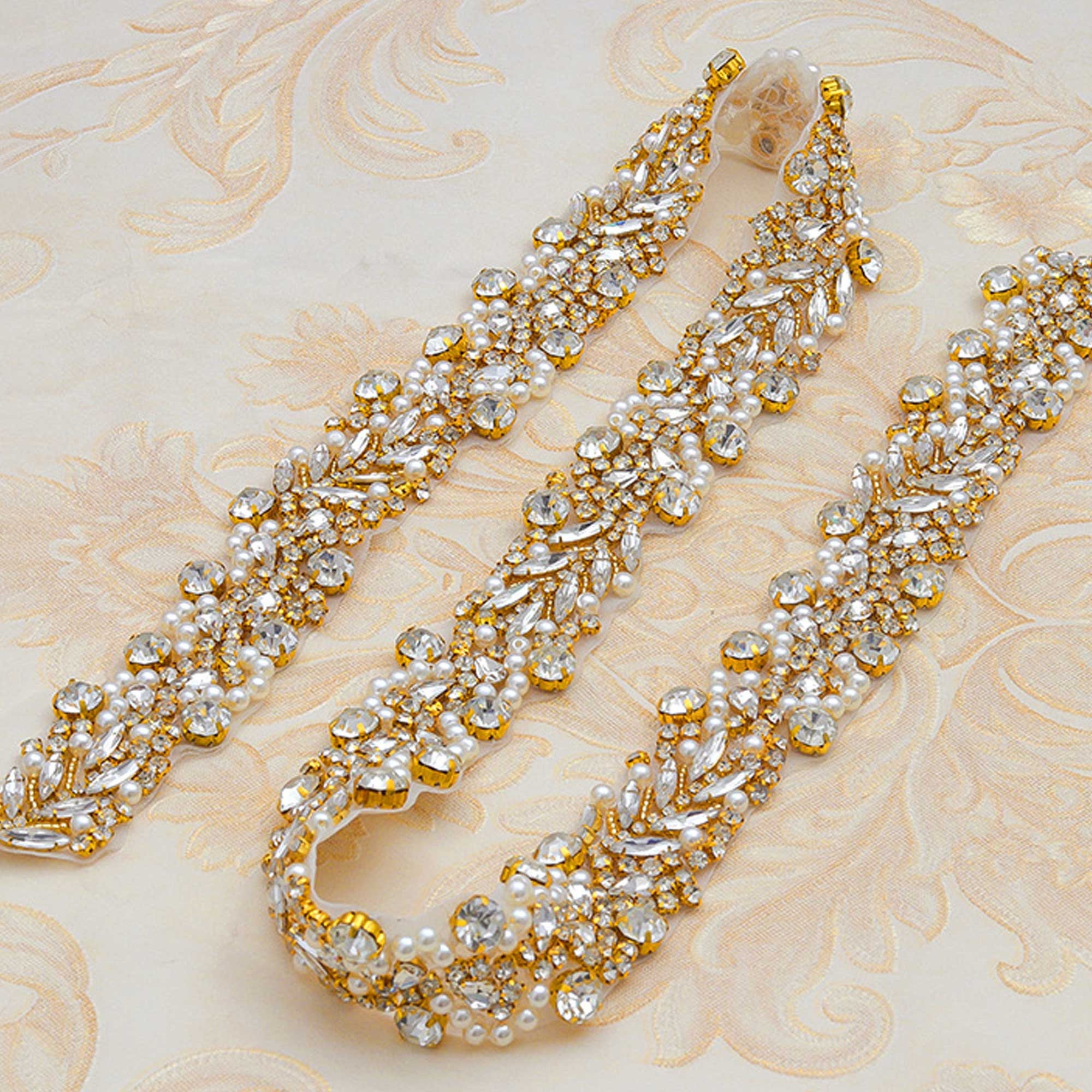 1 YARD) Silver clear bridal beaded crystal rhinestone applique trim belt  gold sewing iron on for wedding dress clothing WDD0278