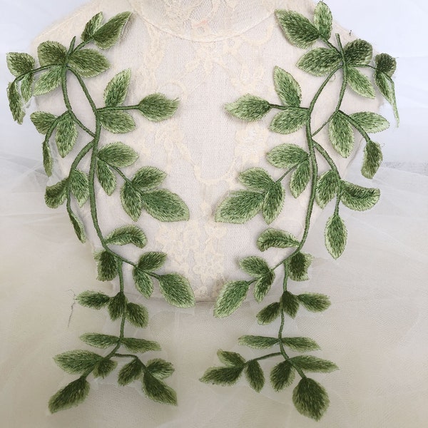 Green Leaves Mirror Pair  Leaf Lace Applique  Green Embroidery Patch for Costumes Dress Jacket