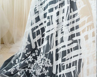 Wedding Dress Lace Fabric Off-White Color Tulle Embroidery Floral Lace for Veil ,Bridal Gown