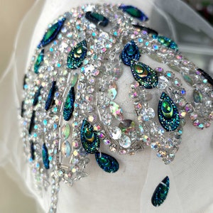 Peacock Blue Applique Colorful Shine Beaded Applique  Dress Belt  Shoulder Motif for Prom Dress Evening Gown