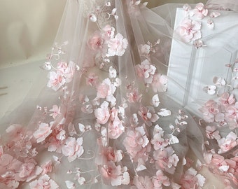 Beaded Flower Pink Lace Fabric  Big Flower  Embroidery Leaf Tulle for Prom Dress Gown 51 inches Width