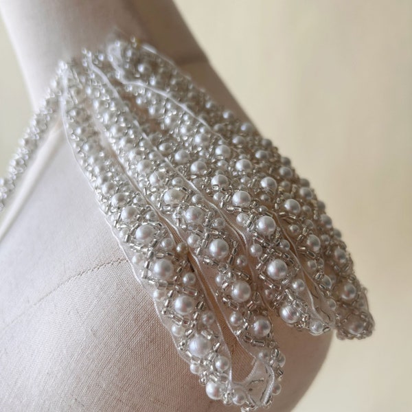 Beaded Satin Trim Ivory Pearls Shoulder Straps Beaded Craft Trims for Wedding Dress,Costumes