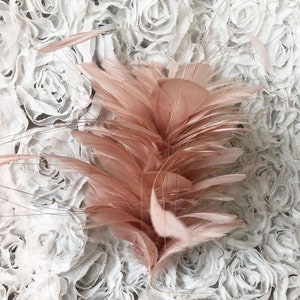 Puede incluir: Un grupo de plumas suaves, color rubor, posiblemente para un sombrero o accesorio para el cabello, se muestra sobre un fondo de tela blanca texturizada. Las plumas tienen una apariencia delicada y aireada, con finos detalles de alambre.