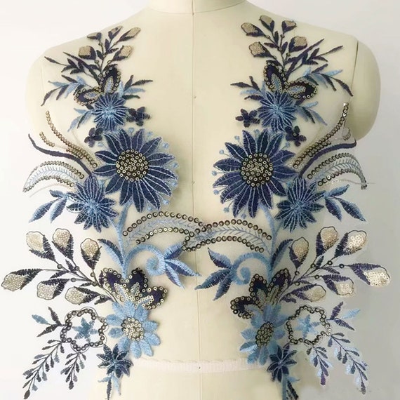 Black Large Floral Flower Beaded Sequined Sew-On Applique Craft Patch  Vintage